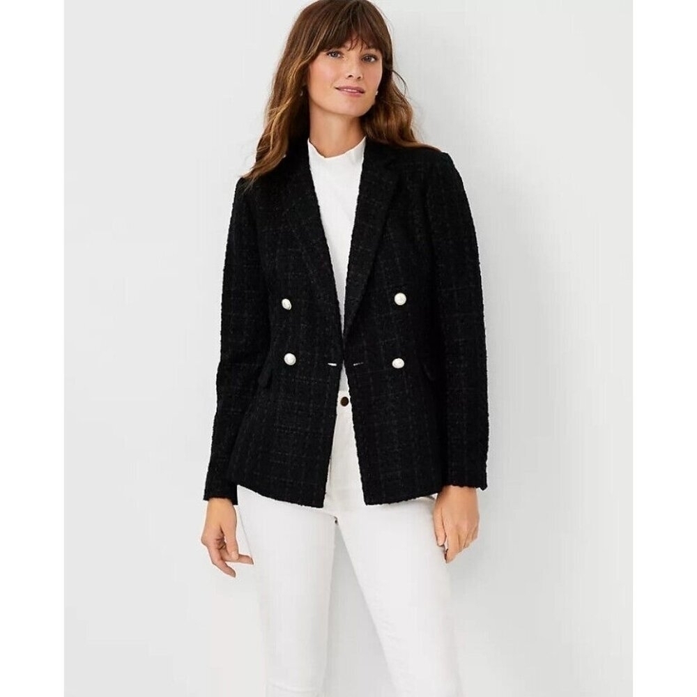 Ann Taylor Petite Black Tweed Double Breasted Blazer Size 2 Luxury Classic Chic